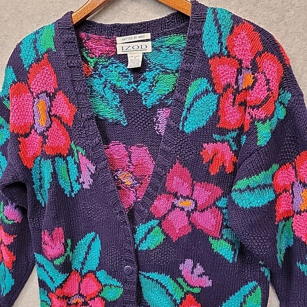 Vintage Izod Sweater Women M Floral Cardigan Hand Knit Cotton Blend Vibrant Rare - Picture 2 of 16